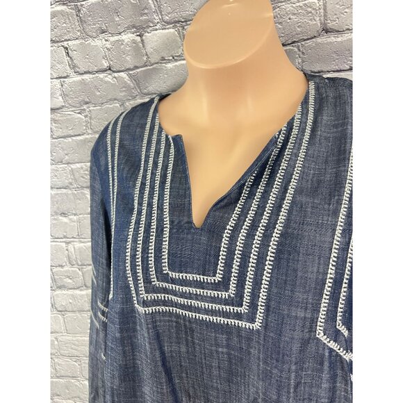 J. Jill Pure Jill Indigo 2X  Whipstitched Embroidered Dress Chambray Tencel Blue - Picture 9 of 11